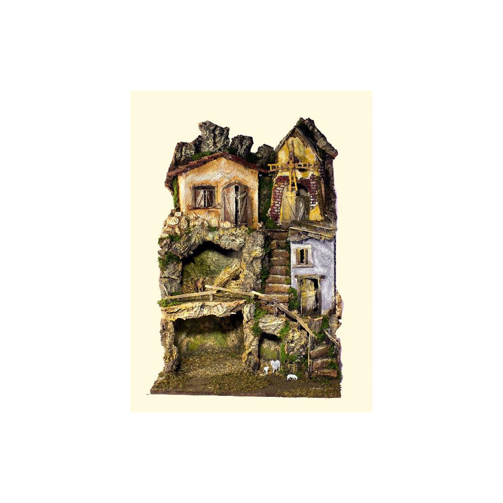 PRESEPE CM. 45X52X70 CON LUCI E MULINO A PRESEPE CM. 45X52X70 CON LUCI E MULINO A