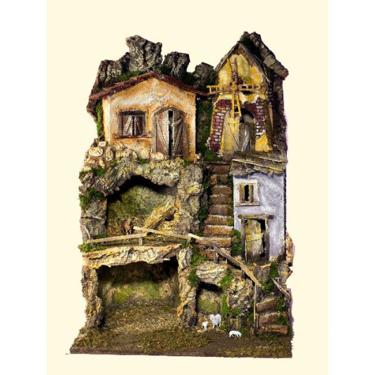 PRESEPE CM. 45X52X70 CON LUCI E MULINO A PRESEPE CM. 45X52X70 CON LUCI E MULINO A