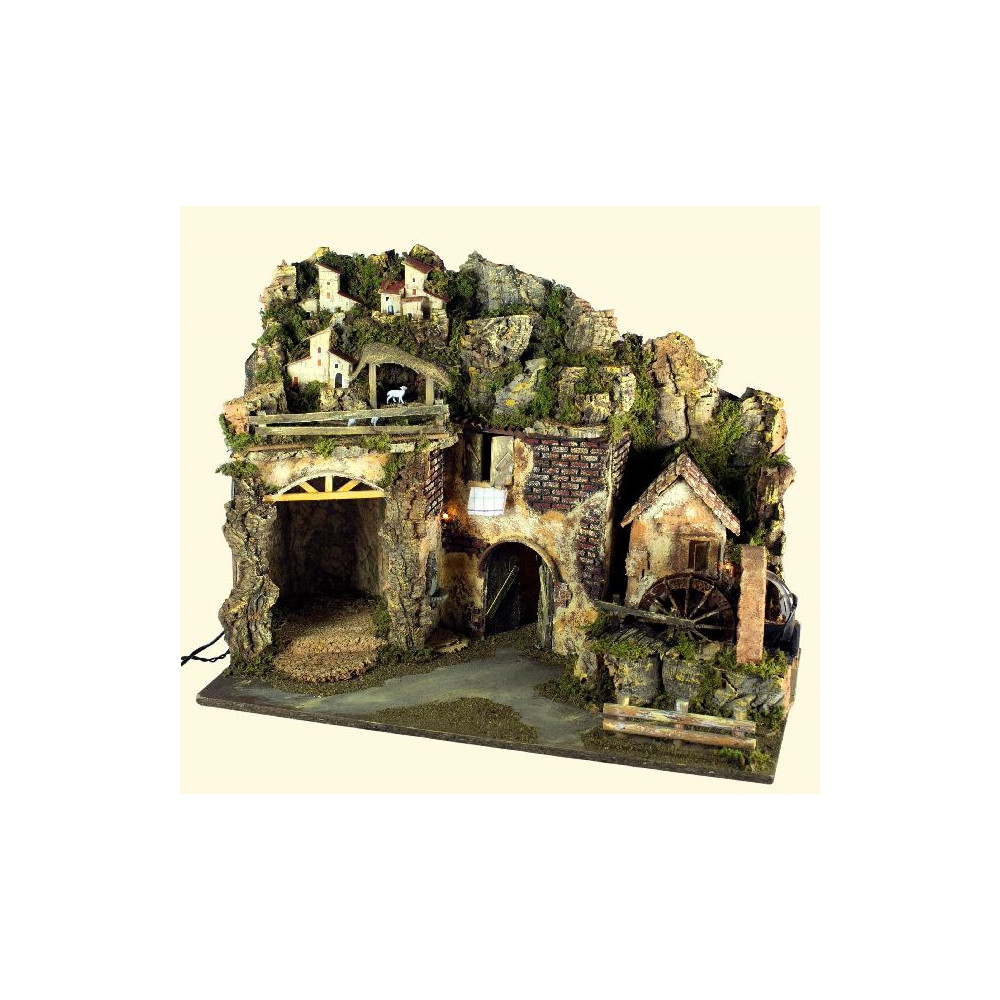 PRESEPE CM. 60X34X44 CON LUCI E MULINO A PRESEPE CM. 60X34X44 CON LUCI E MULINO A