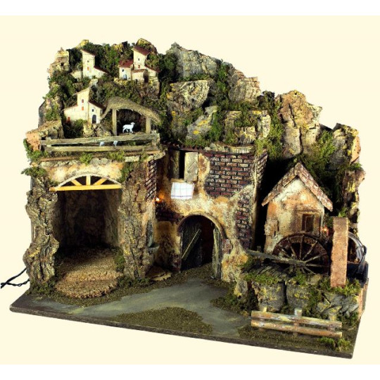 PRESEPE CM. 60X34X44 CON LUCI E MULINO A PRESEPE CM. 60X34X44 CON LUCI E MULINO A