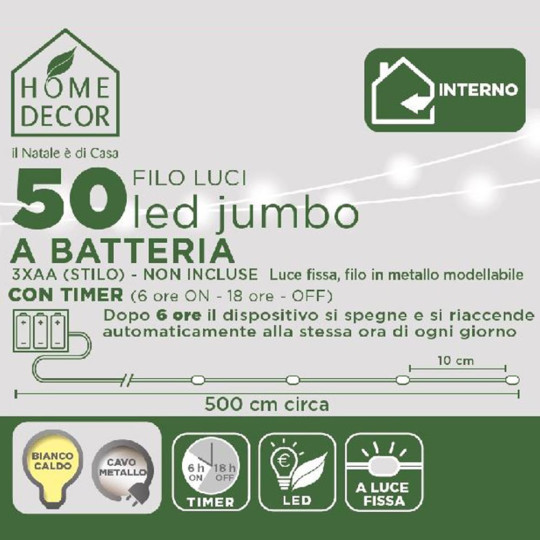 FILO ARGENTO 50 LED JUMBO BIANCO CALDO